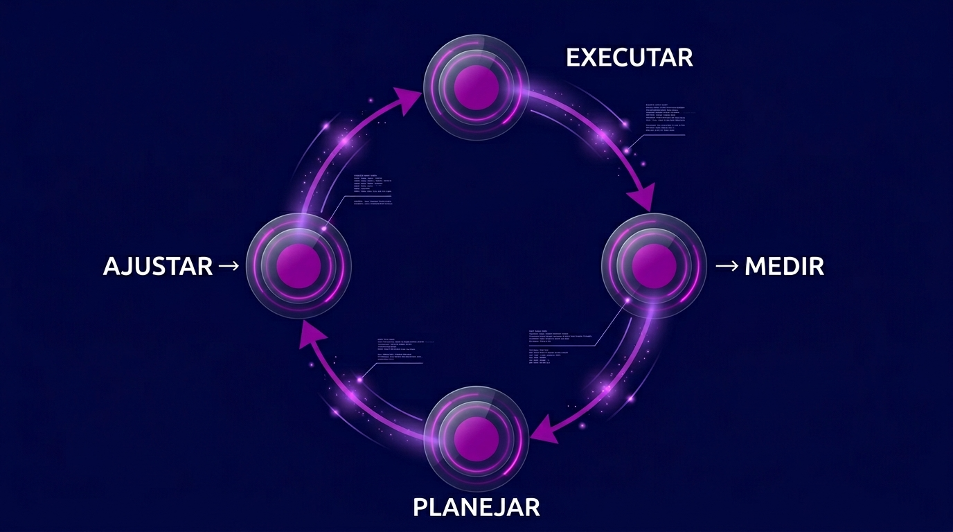 Ciclo de produtividade com etapas de planejar, executar, medir e ajustar aplicado na gestão empresarial
