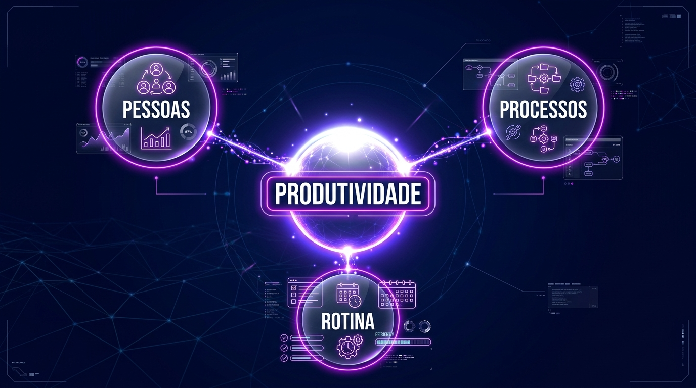 Modelo de produtividade empresarial com pessoas, processos e rotina conectados formando um sistema de alta performance
